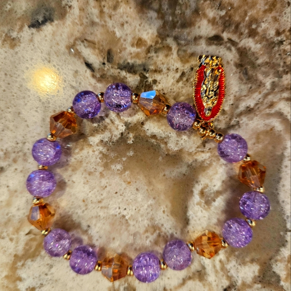 Purple and Gold Beaded Bracelet with Mother Mary Charm